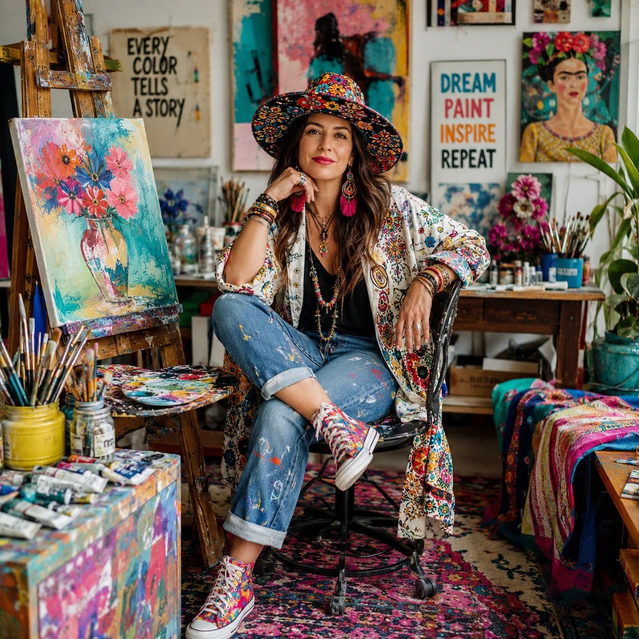 Artist in a colorful studio wearing a floral hat and patterned kimono